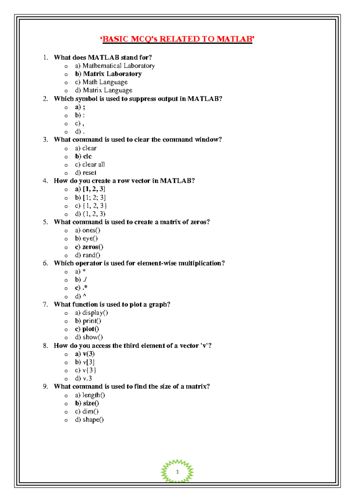Basic MCQs - MATLAB Practice Questions for Beginners - Studocu