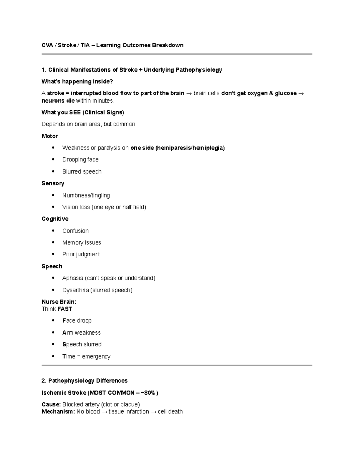 CVA, Stroke & TIA Pathophysiology Study Notes (Patho Week 4) - Studocu