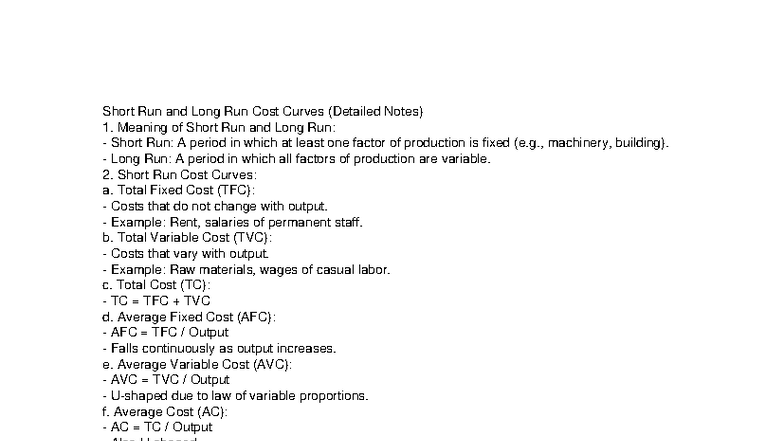 Short and Long Run Cost Curves (Detailed Notes) - Studocu