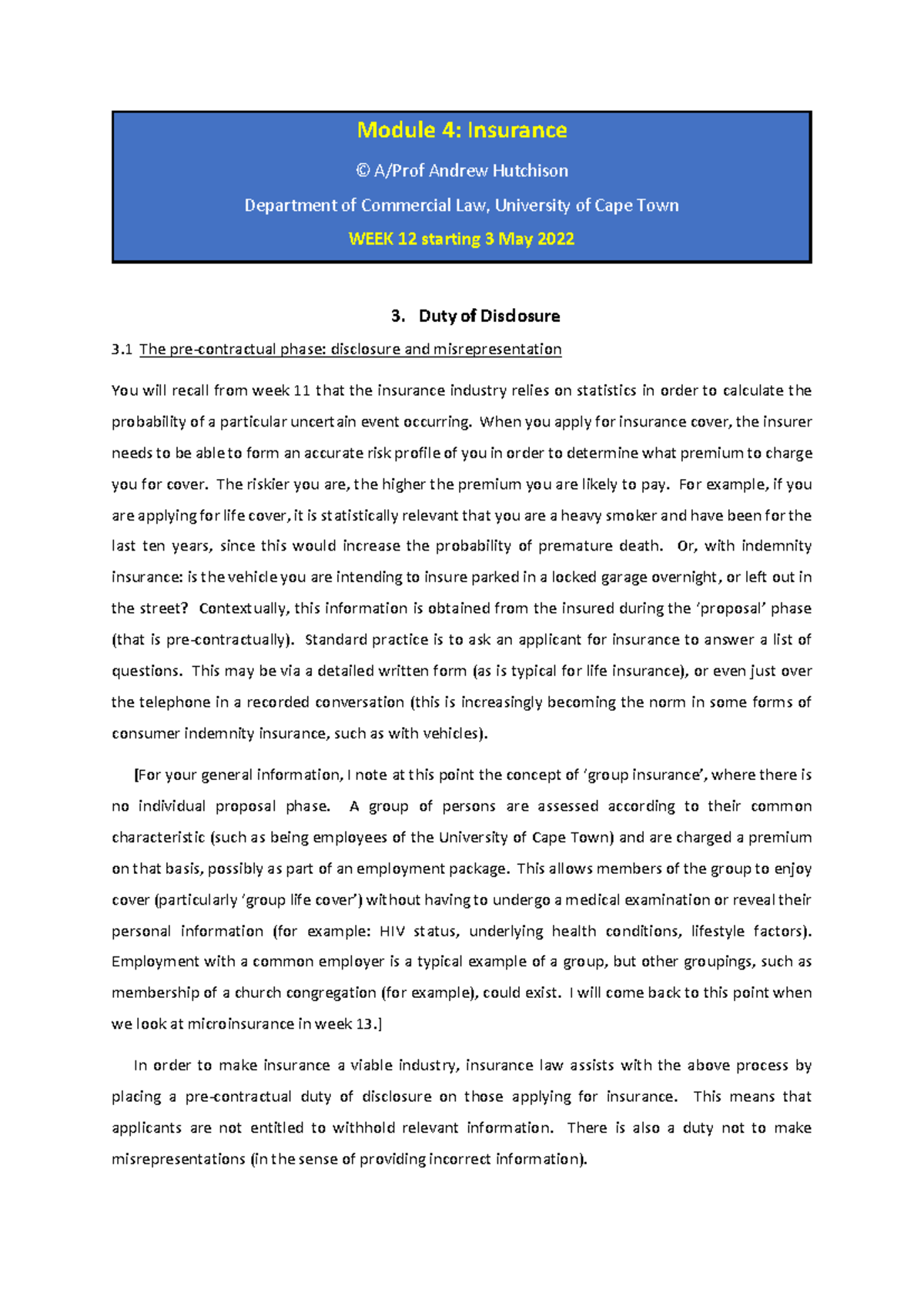 Module 4: Insurance - Duty of Disclosure & Misrepresentation (Week 12 ...