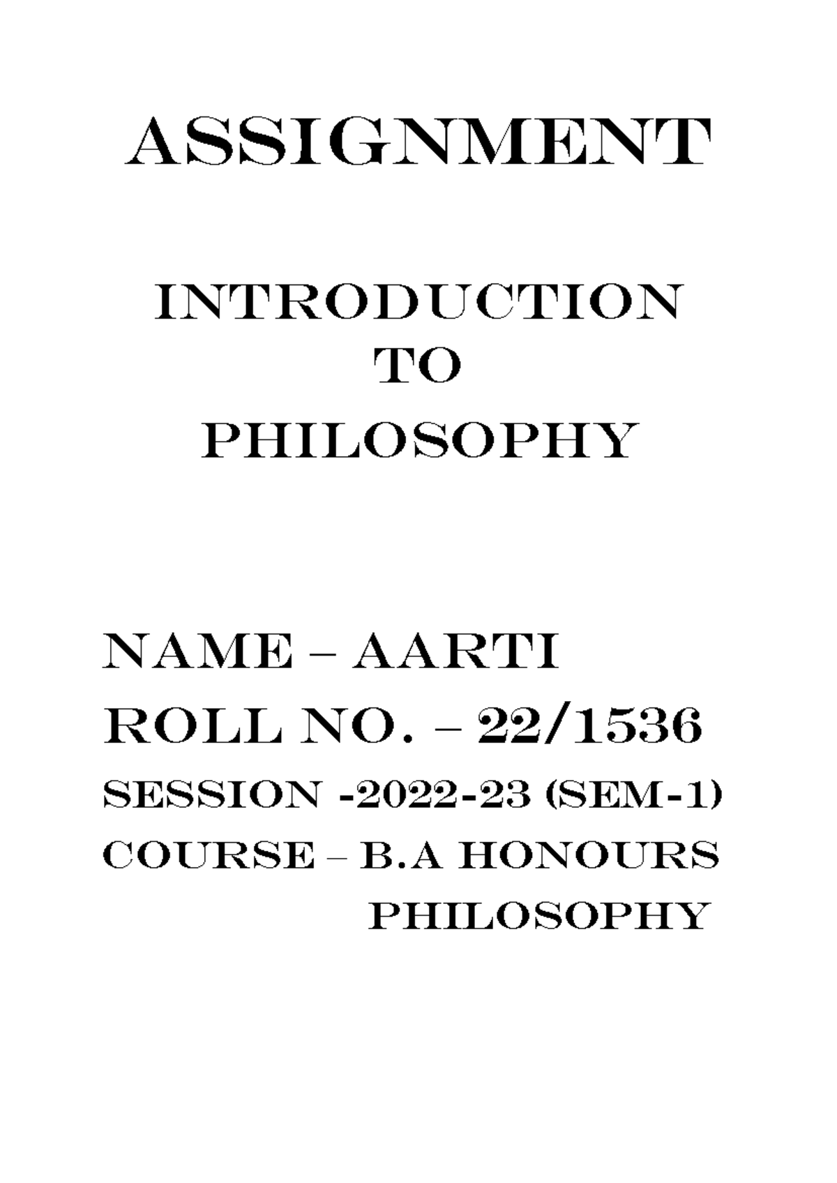 Introduction to Philosophy Assignment - B Honours (Session 2022-23 ...