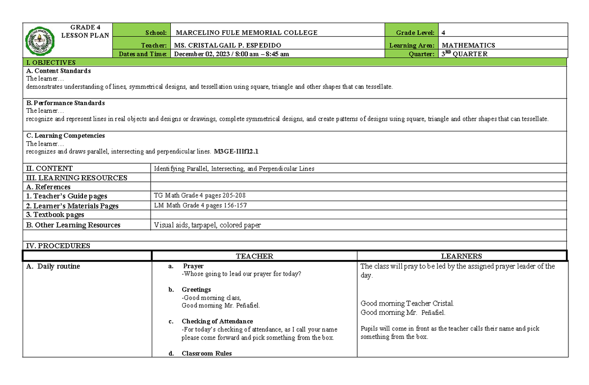 GRADE 4 MATHEMATICS LESSON PLAN: LINES & SYMMETRY (3RD QUARTER) - Studocu