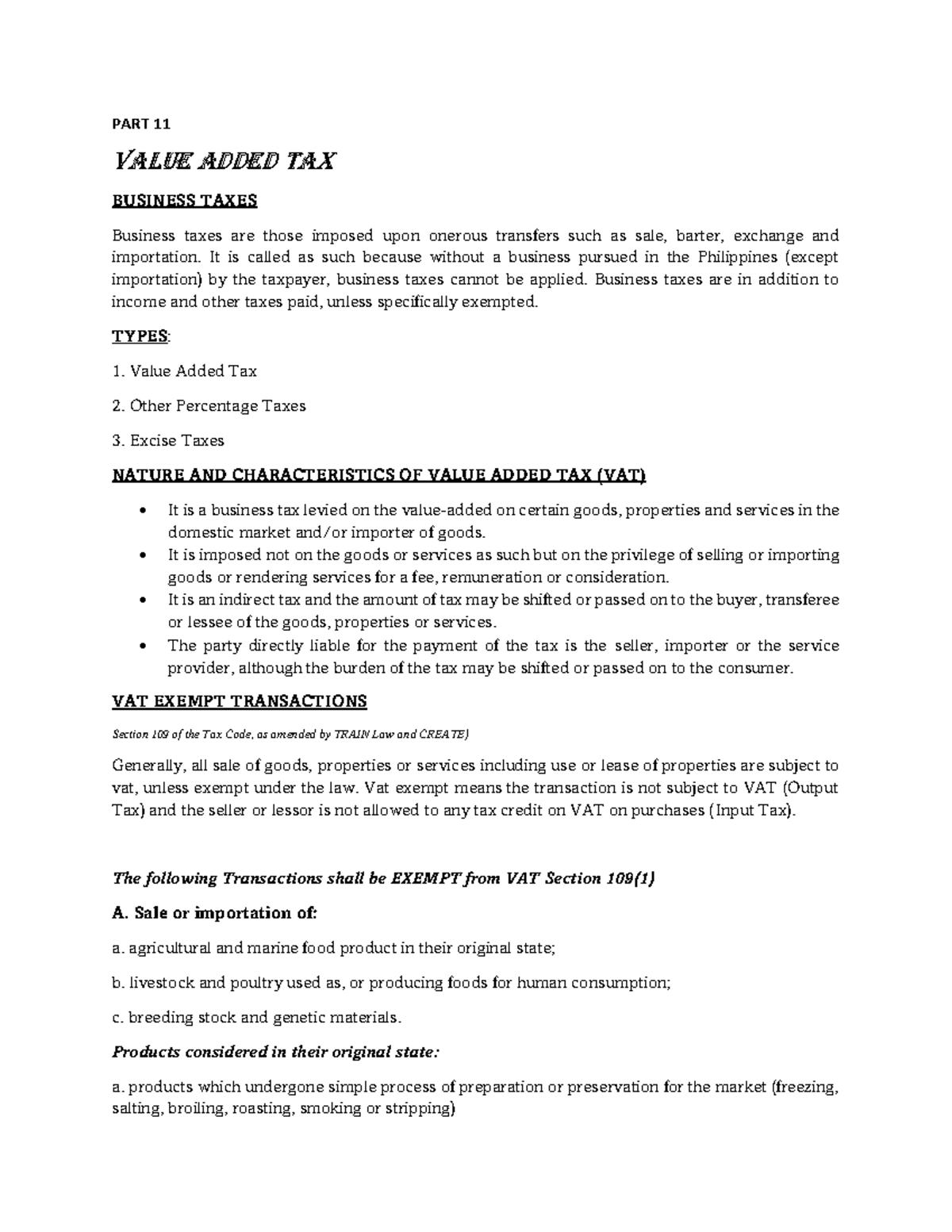 PART 11: Value Added Tax (VAT) in Business Taxes - Studocu