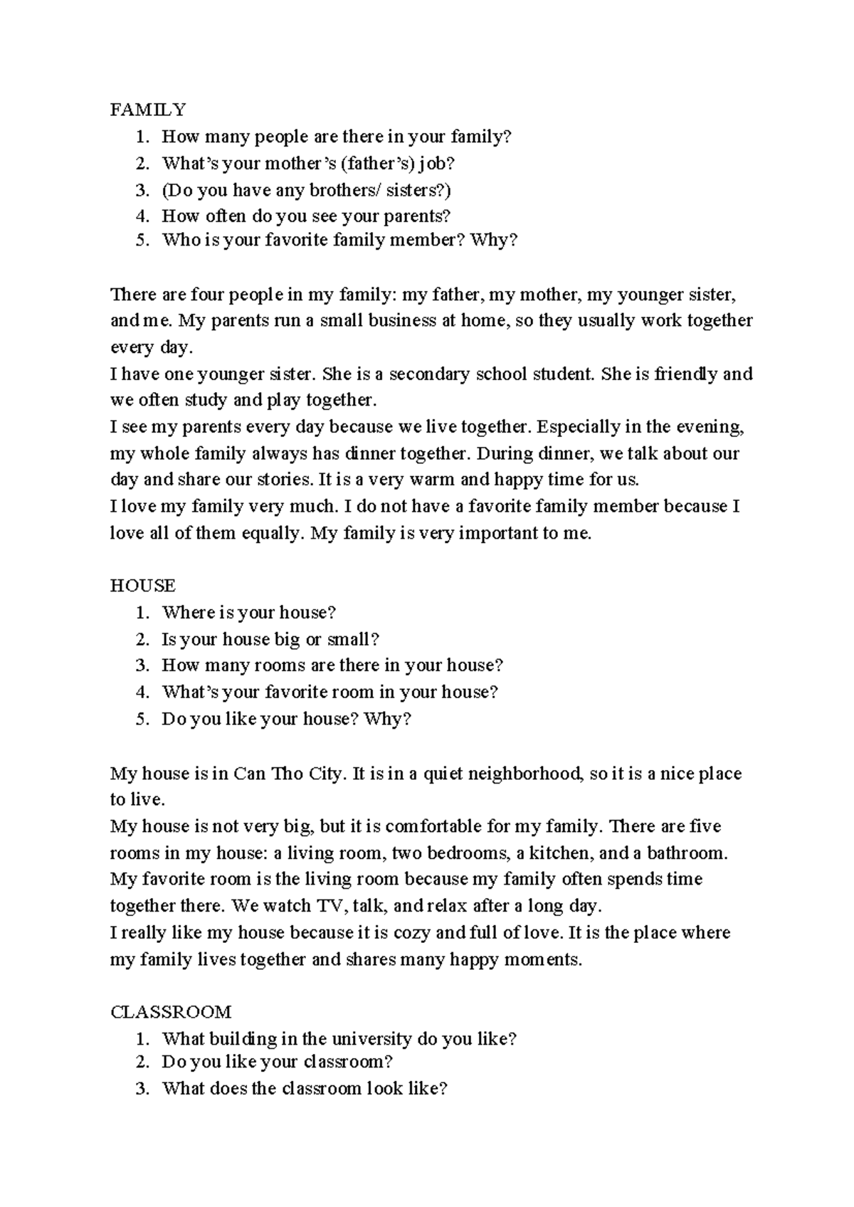 AVCB1 - Family, Home, and Daily Life Speaking Topics - Studocu