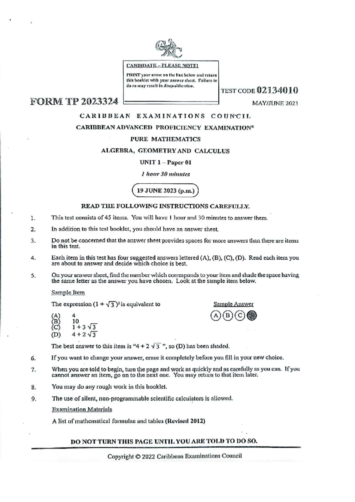 CAPE Pure Mathematics Unit 1 Paper 01 Exam Instructions 2023 - Studocu