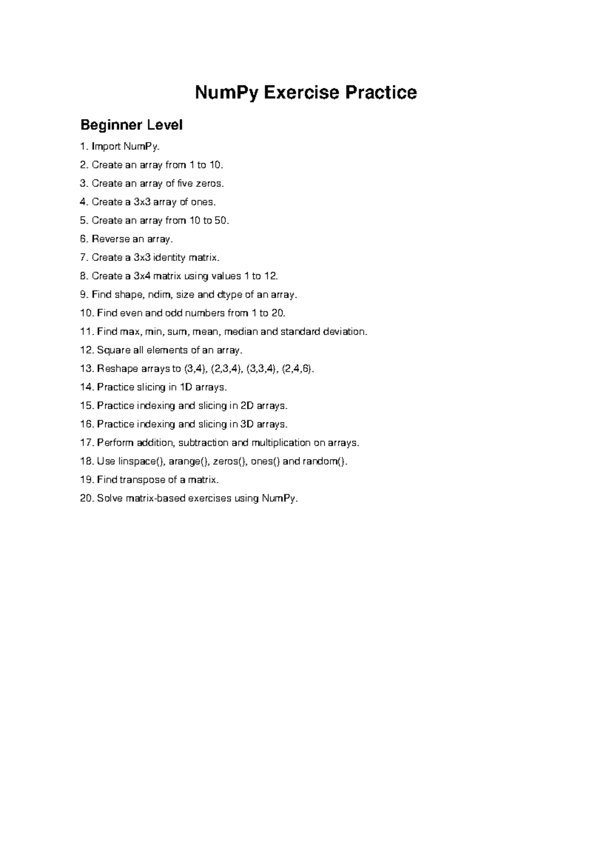 NumPy Exercise Practice: Beginner Level 1 Guide - Studocu