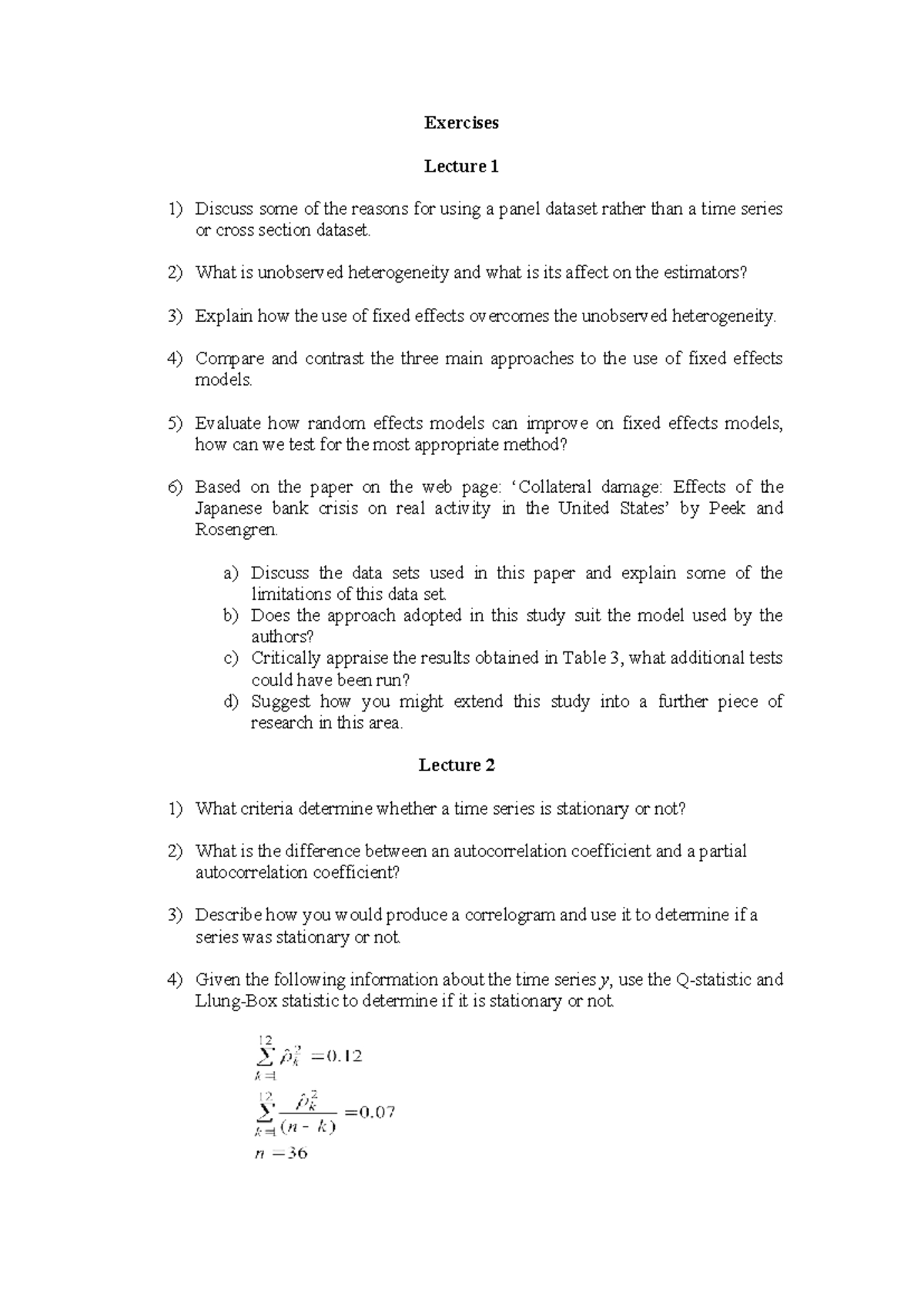 Econometrics Exercises: Lecture Notes and Key Concepts - Studocu
