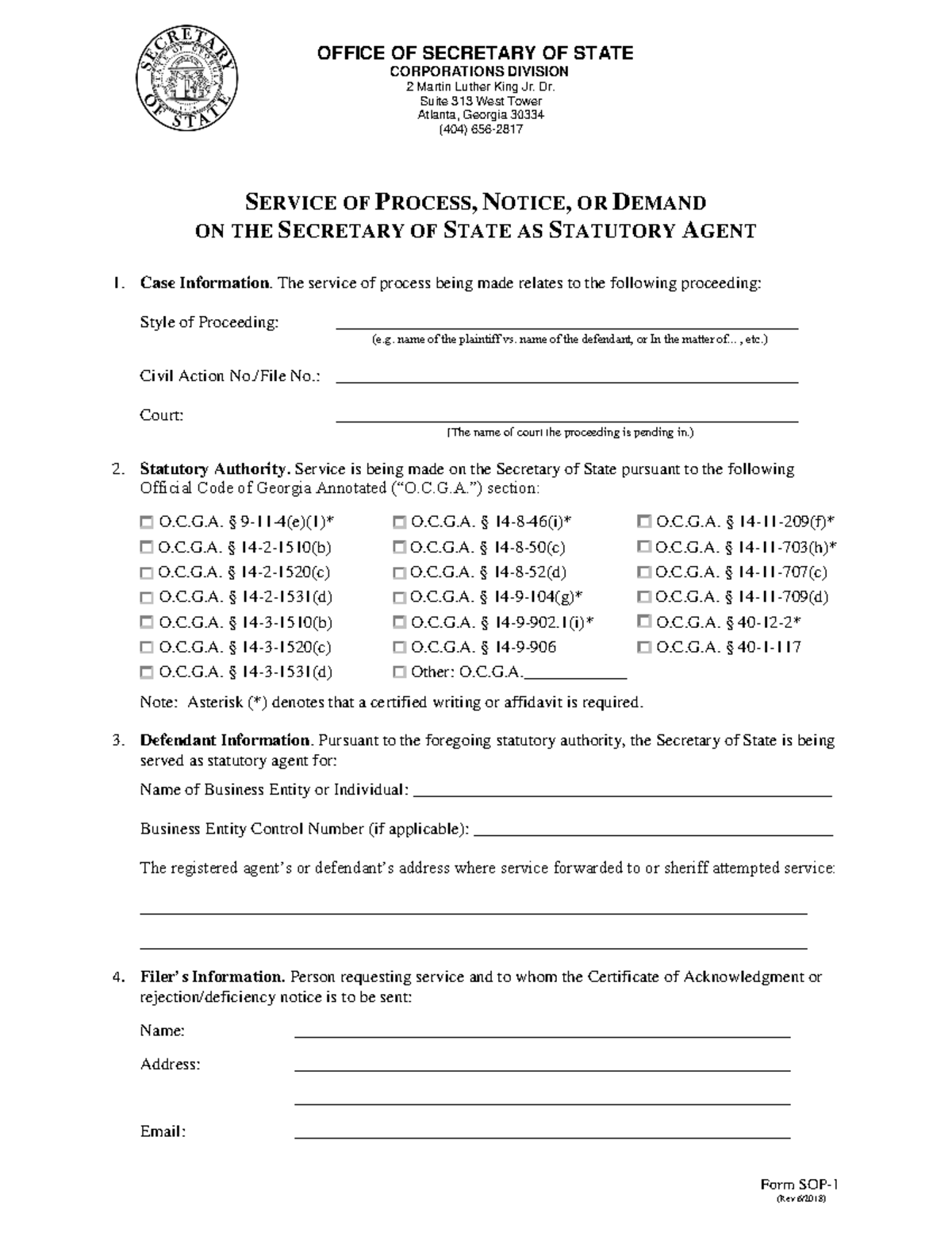 Form - Service of Process (SOP-1) - OFFICE OF SECRETARY OF STATE ...