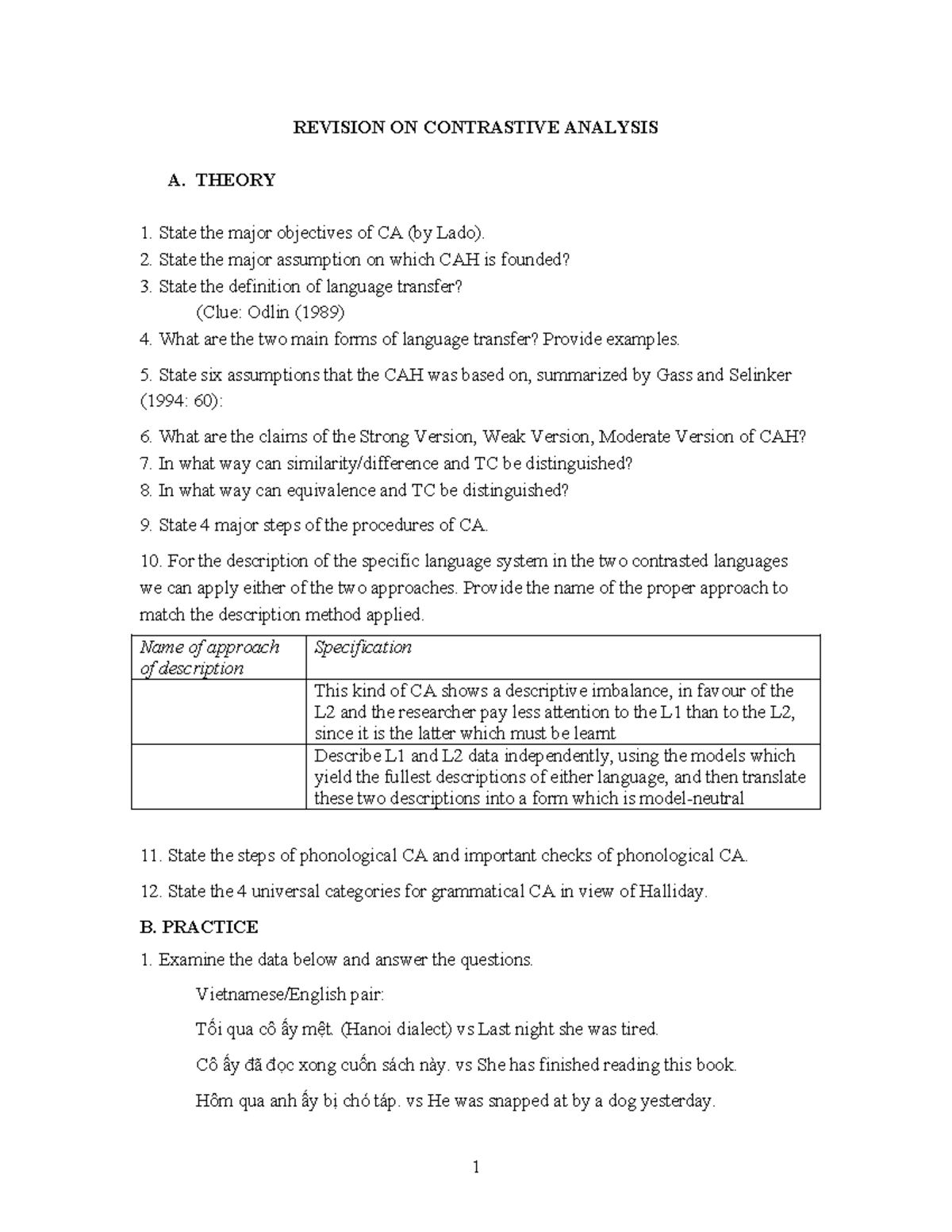 Revision on Contrastive Analysis (CA) - 2024 Daklak - Studocu