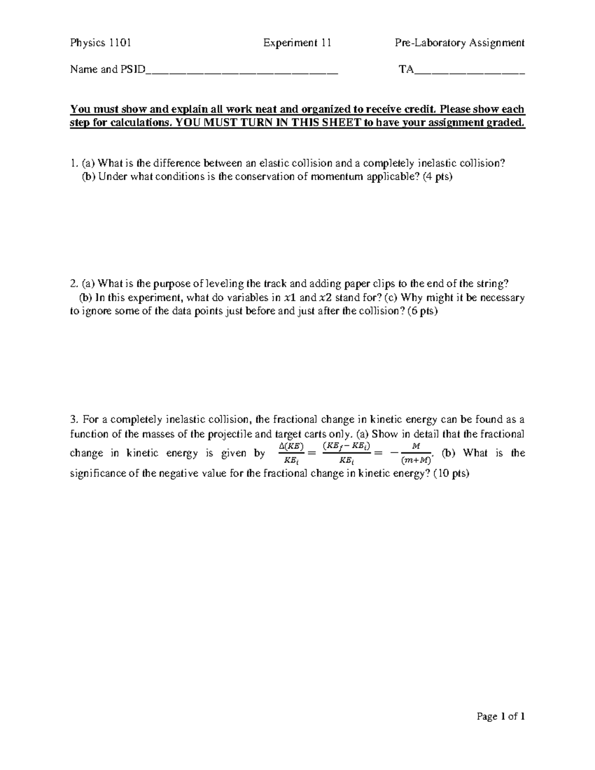 1101 Exp11 Pre Laboratory Assignment - Physics 1101 Experiment 11 Pre ...