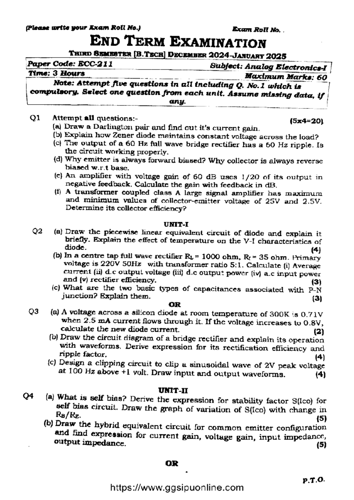 BTech ECC 3 Sem Analog Electronics I ECC 211 End Term Exam Dec 2025 ...