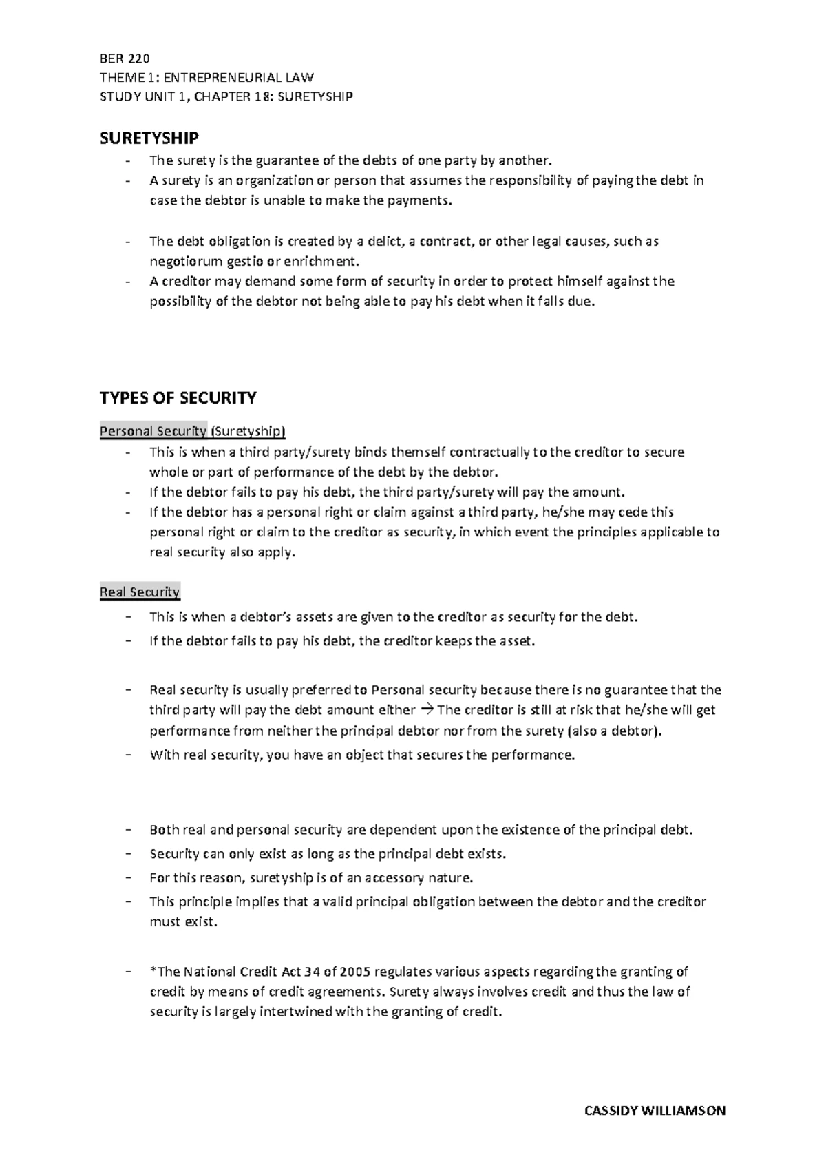 BER 220 Summary of Themes 2 and 4: Suretyship and Labour Law Insights ...