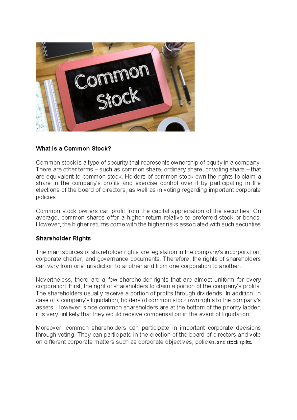 Common Stock Overview: Key Insights and Shareholder Rights - Studocu