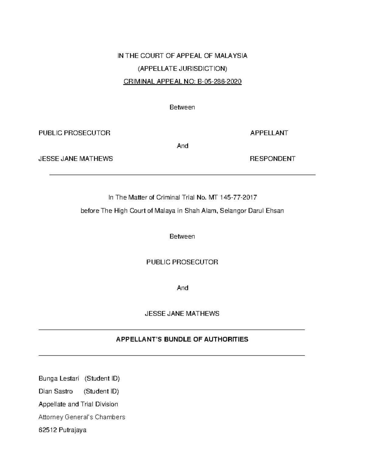 Appellate Bundle of Authorities for Criminal Appeal No. B-05-286-2020 ...