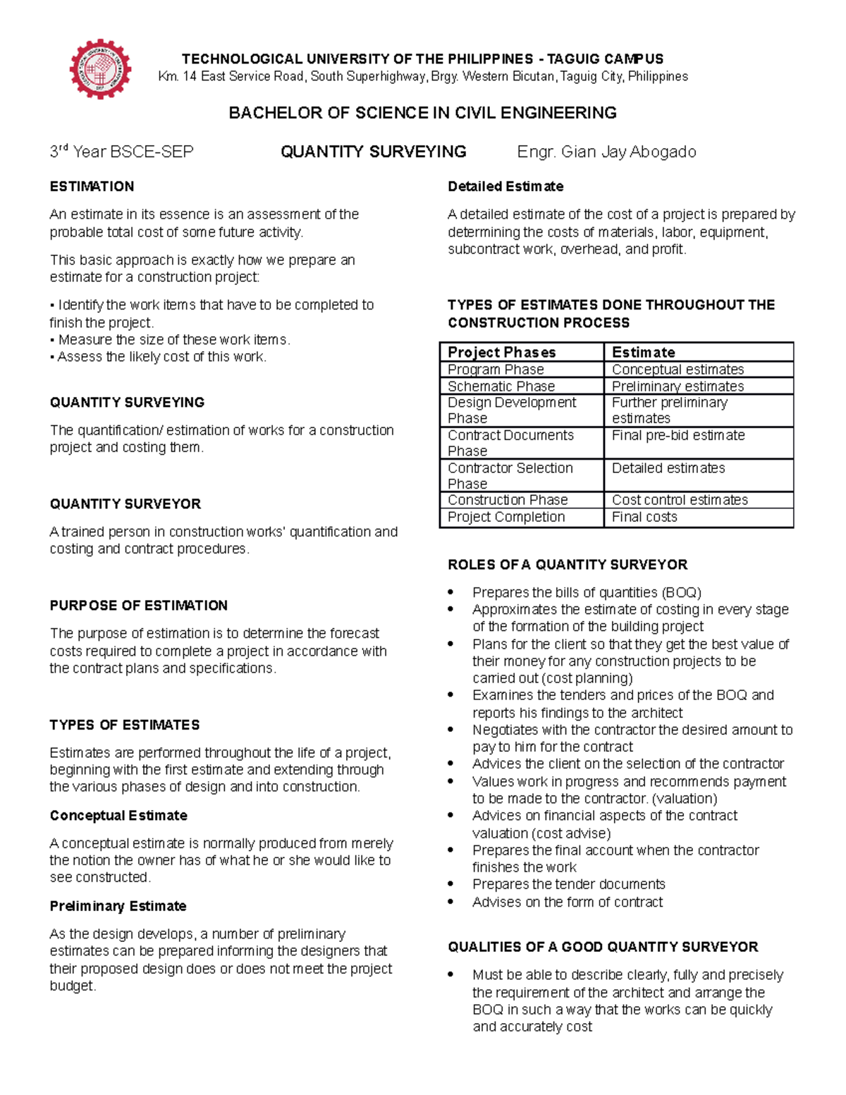 Quantity Surveying - Estimation Overview for BSCE-SEP Module 1 - Studocu