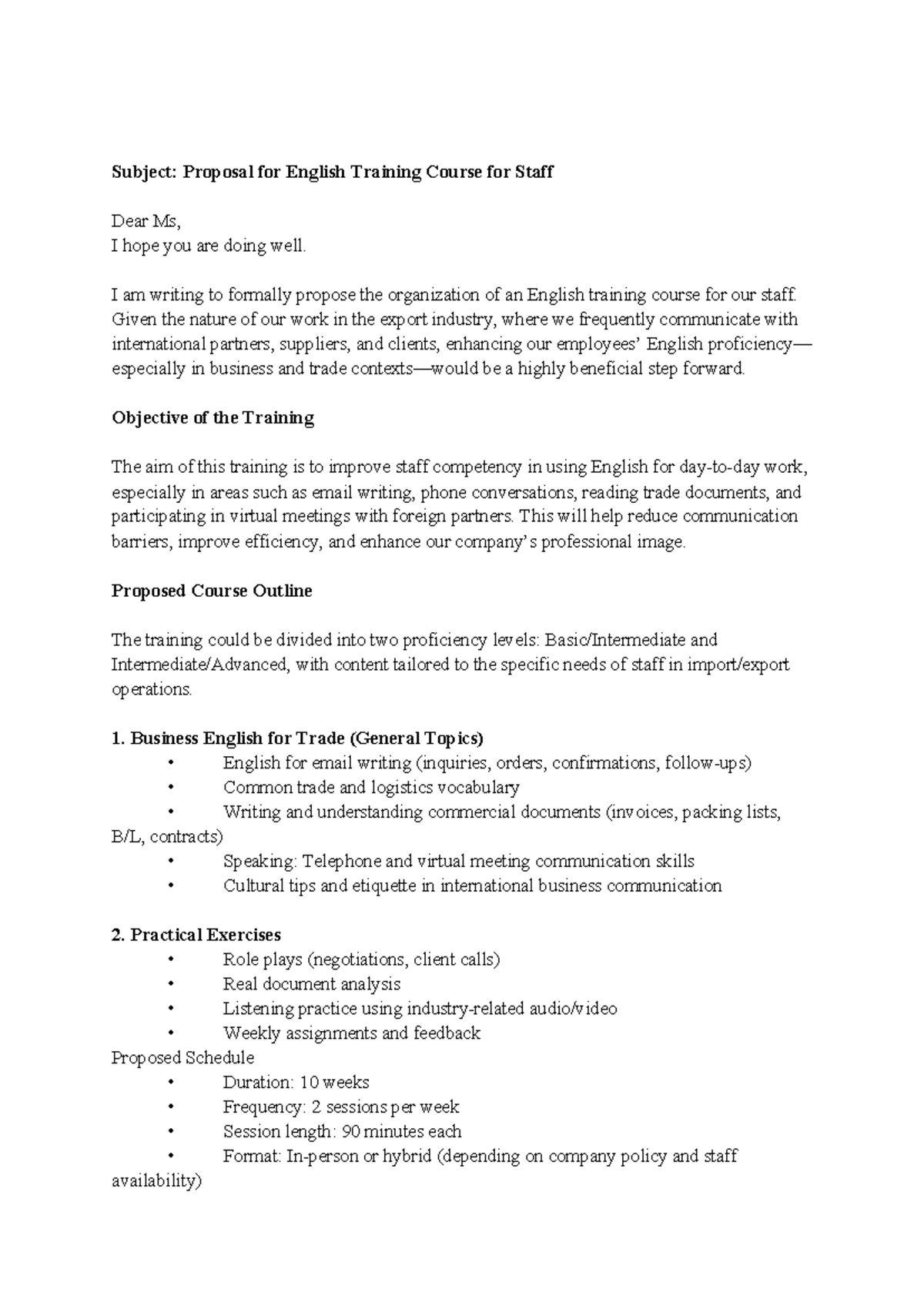 Proposal for English Training Course for Staff - TACN - Studocu