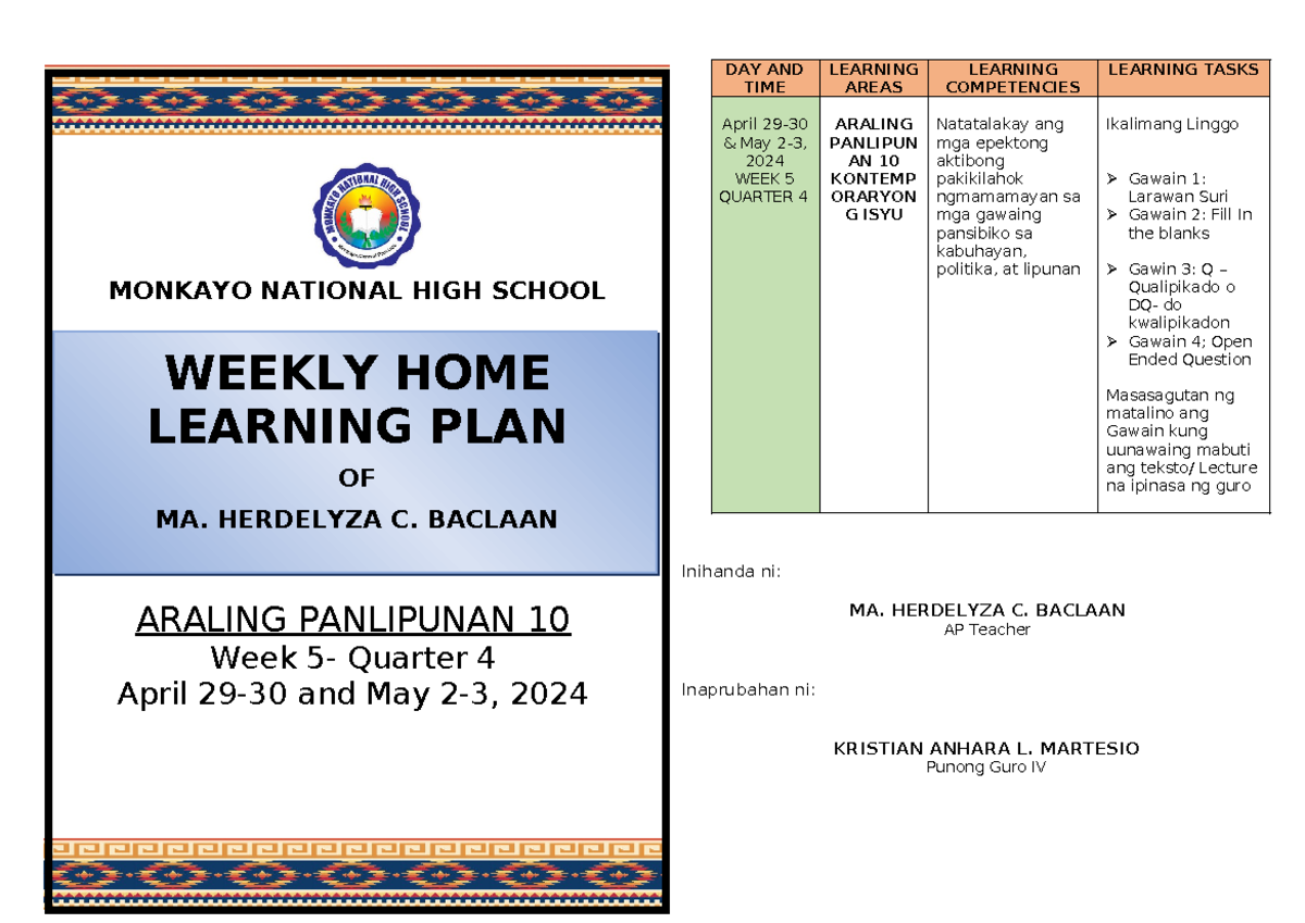 IHLP-AP10-Gomez Weekly Learning Plan - Week 5, Quarter 4 - Studocu