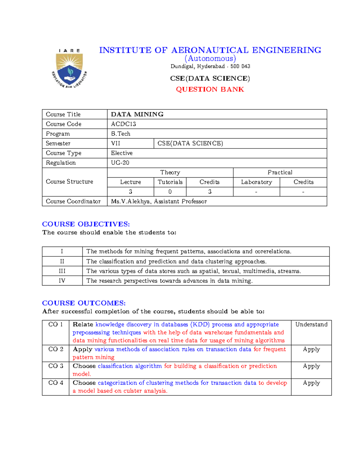 CSE(DATA SCIENCE) ACDC13 Data Mining Question Bank - Studocu