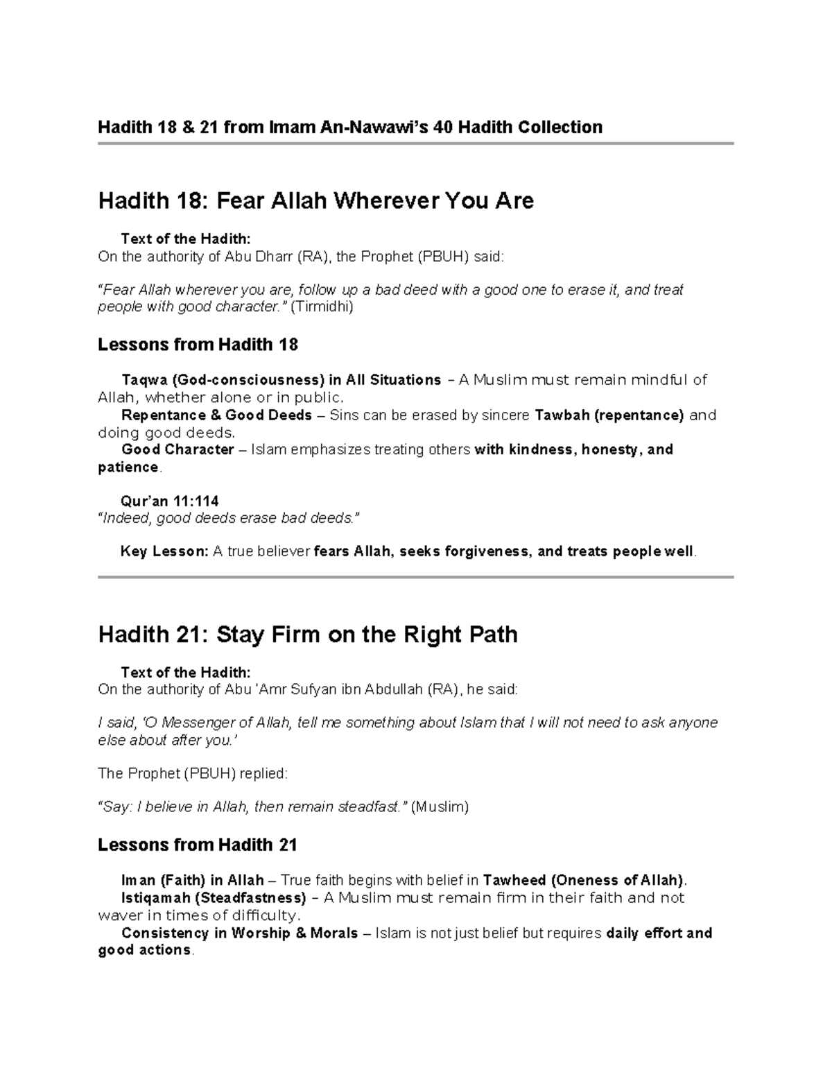 Hadith Lessons from Imam 40 Hadith Collection: Week 10 Notes IRS JSS 3 ...
