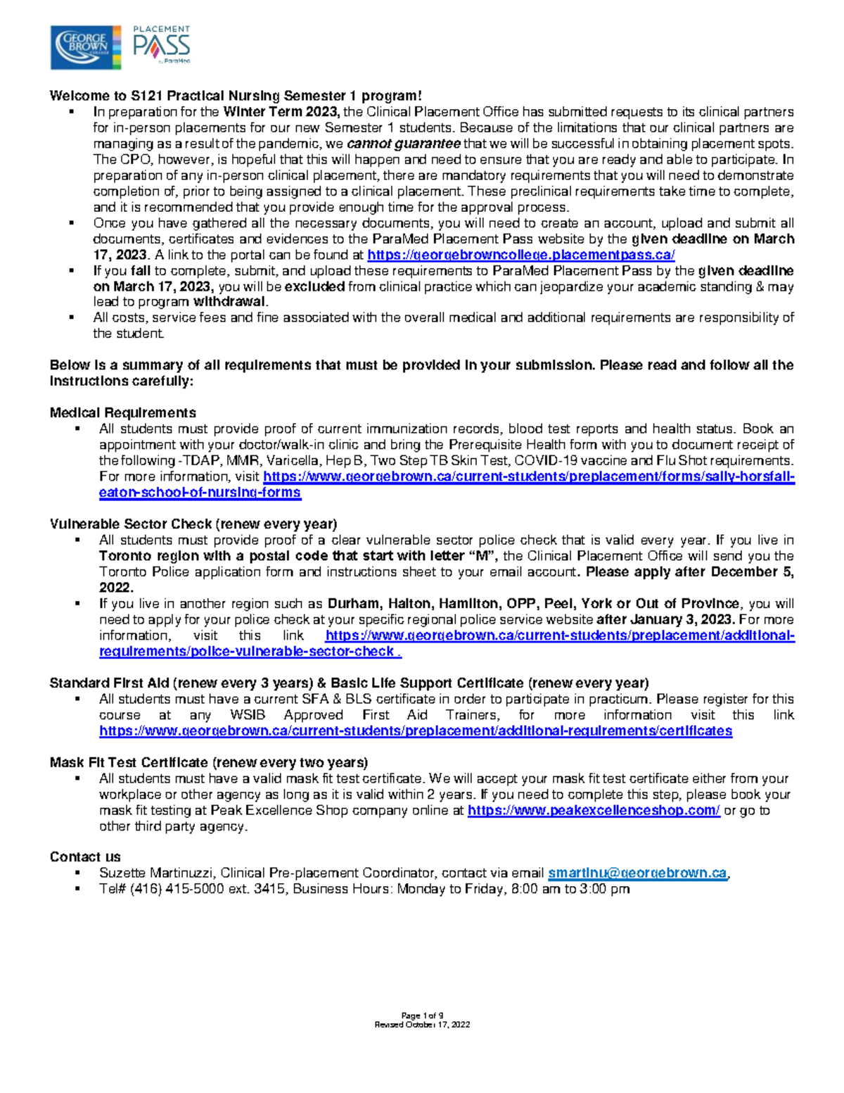 S121 Winter Term 2023 Prerequisites Health Form for Semester 1 Students ...
