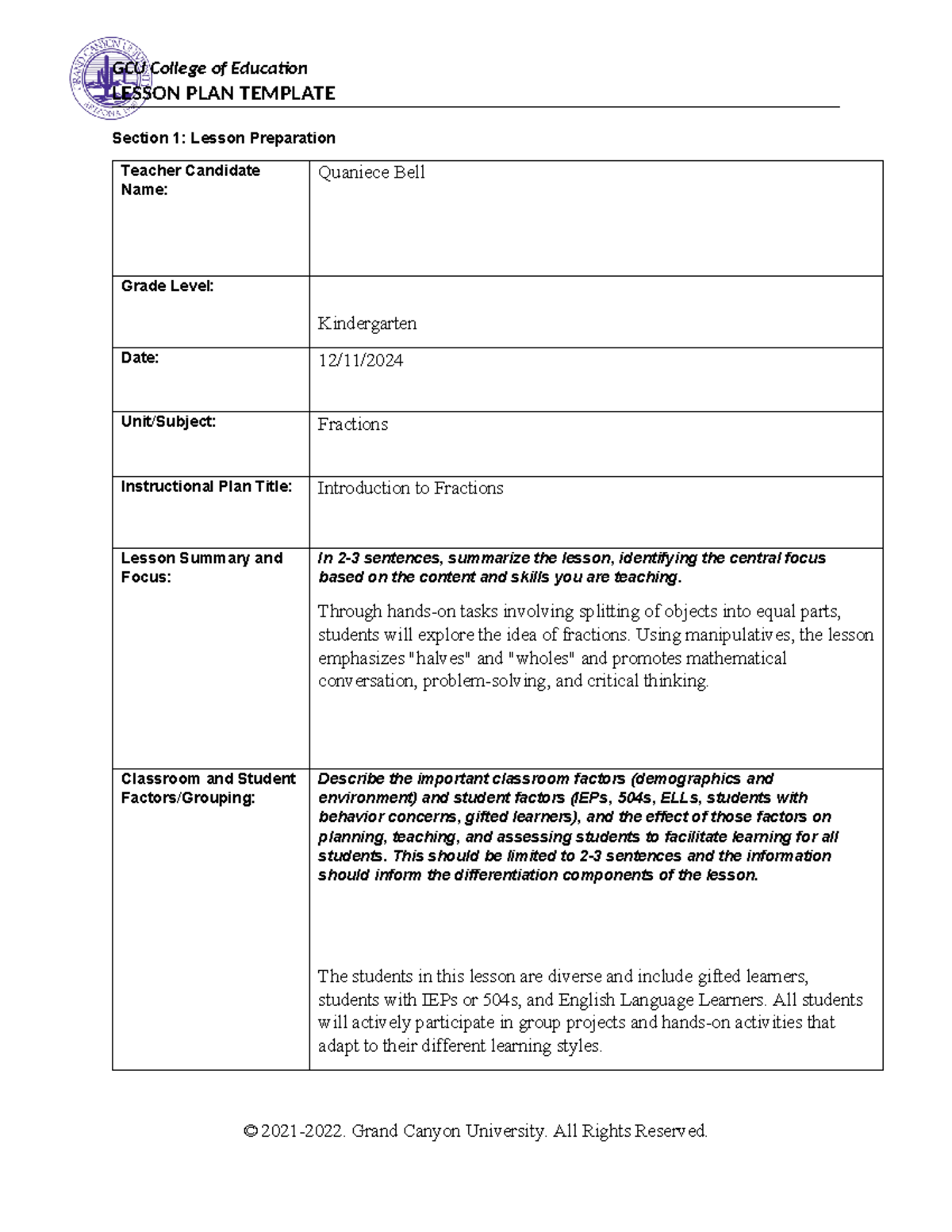 ELM-560 Week 5 - Kindergarten Lesson Plan on Introduction to Fractions ...