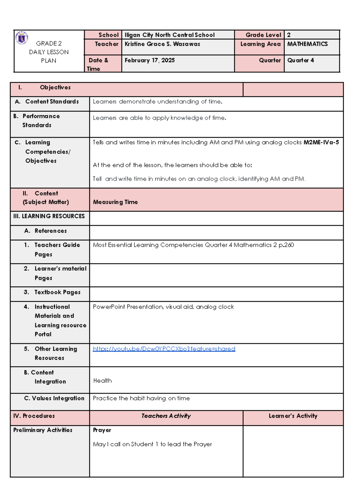 Grade 2 Math Lesson Plan: Telling Time with AM & PM (Quarter 4) - Studocu