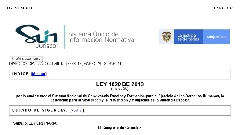 Ley 1620 de 2013: Sistema Nacional de Convivencia Escolar y Derechos ...