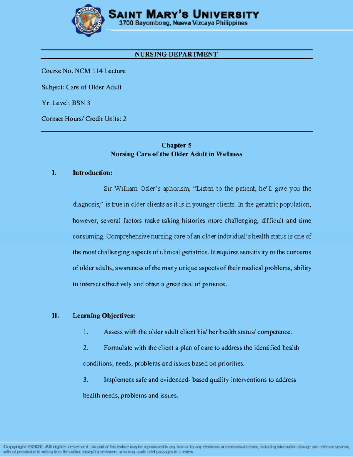 NCM 114 Lecture: Nursing Care of Older Adults in Wellness - Chapter 5 ...