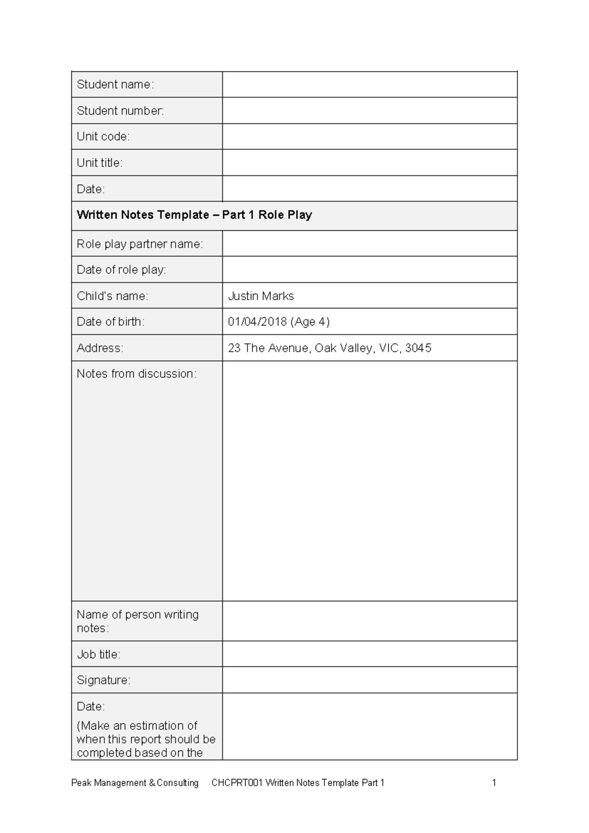 CHCPRT001 Written Notes Template: Role Play for Child Assessment ...