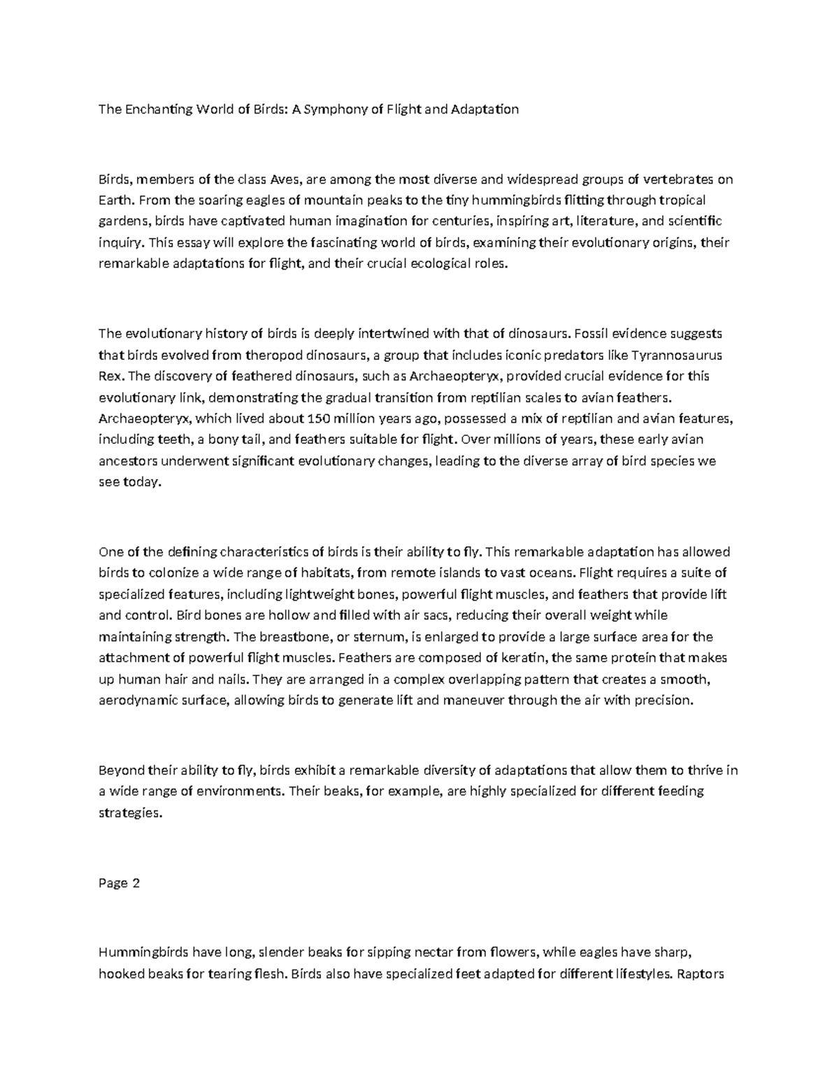 Aves Evolution: Flight Adaptations & Ecological Roles Essay - Studocu