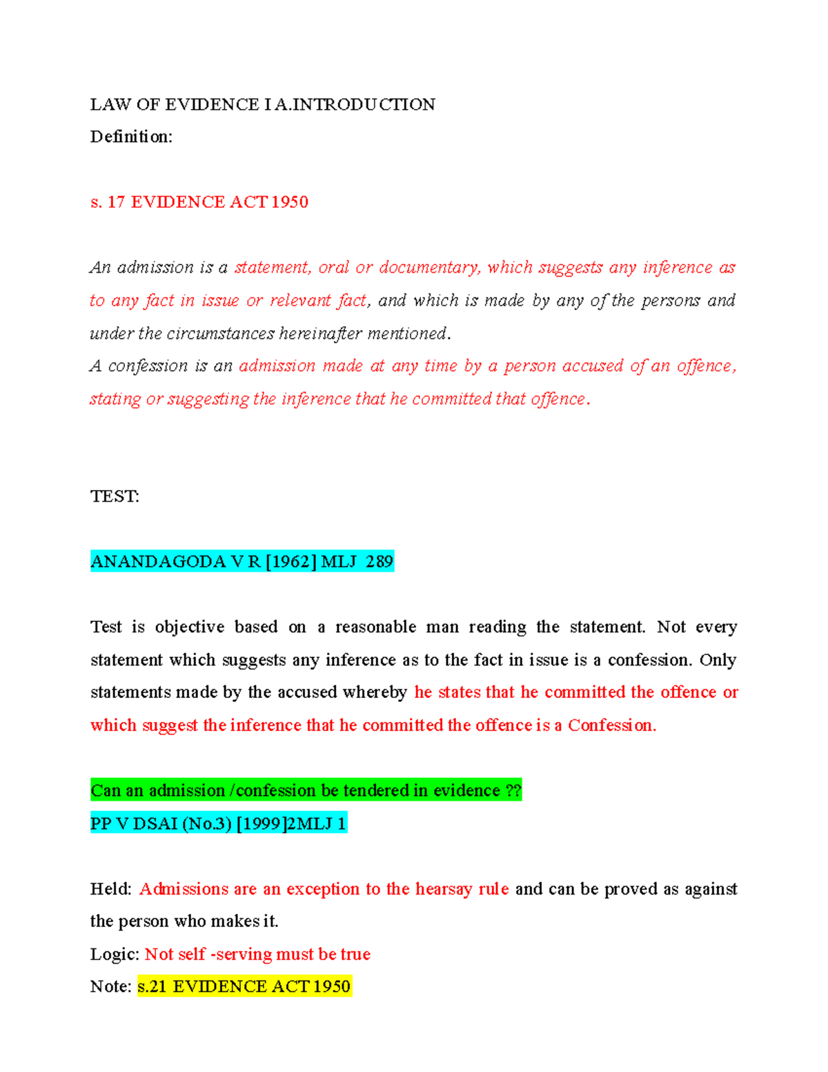 348622 Law of Evidence I: Confessions & Admissions Overview - Studocu
