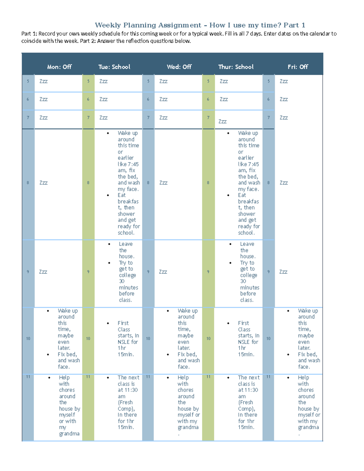 Time Management Assignment Chris Falcon-Molina - Weekly Planning ...