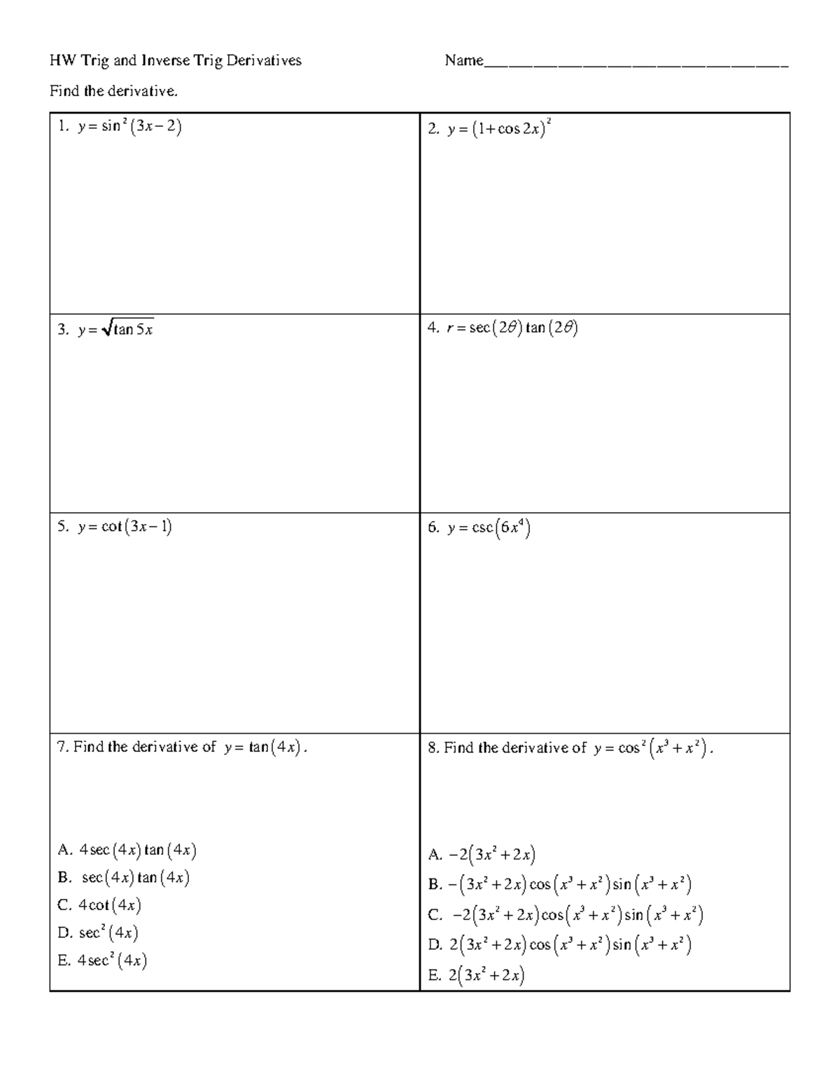 HW 2.1 Trig & Inverse Trig Derivatives Solutions - Studocu
