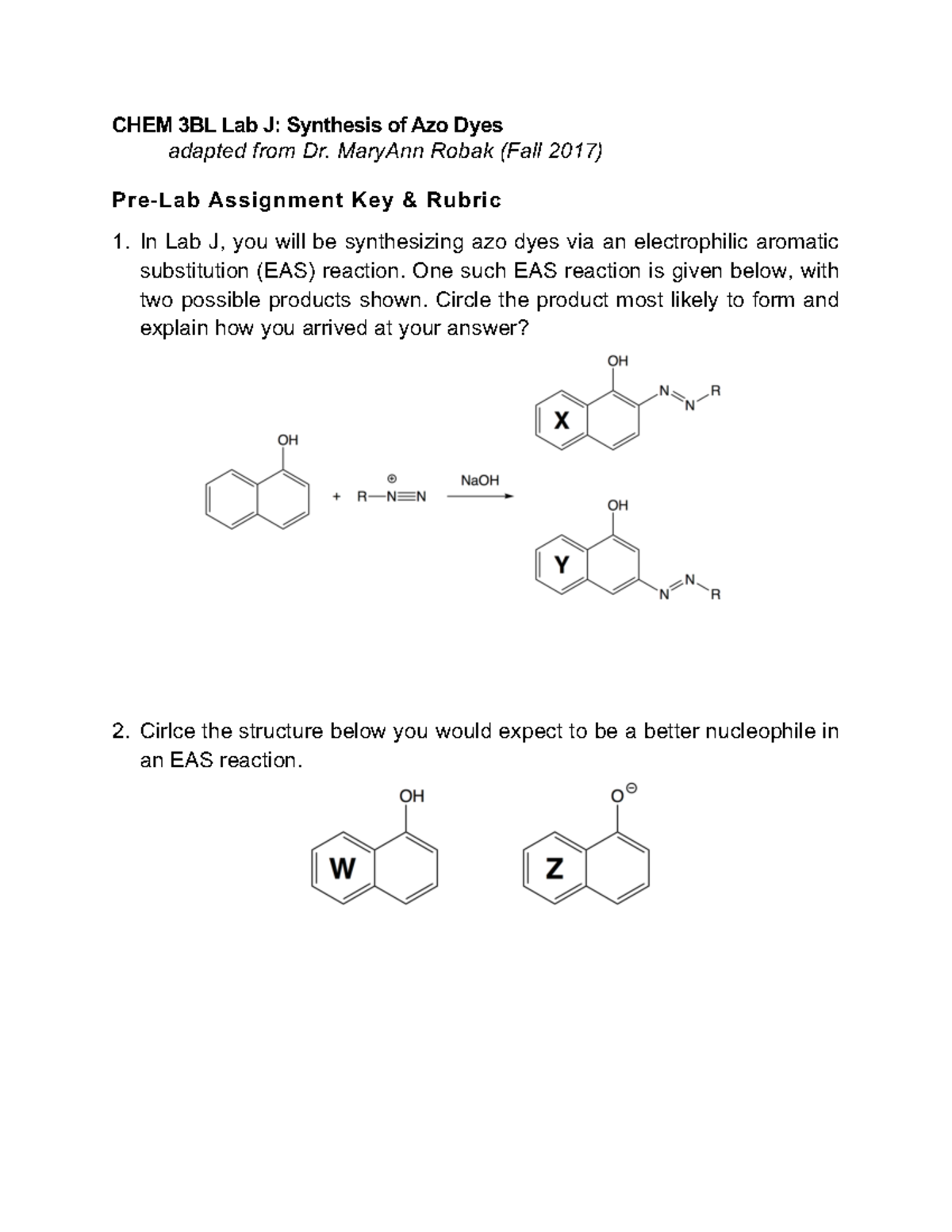 CHEM 3BL Lab J Pre-Lab: Synthesis of Azo Dyes & EAS Reactions - Studocu