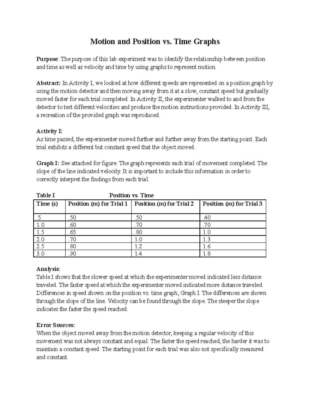 Physics 101 Lab Report 1: Analyzing Motion with Position vs. Time ...