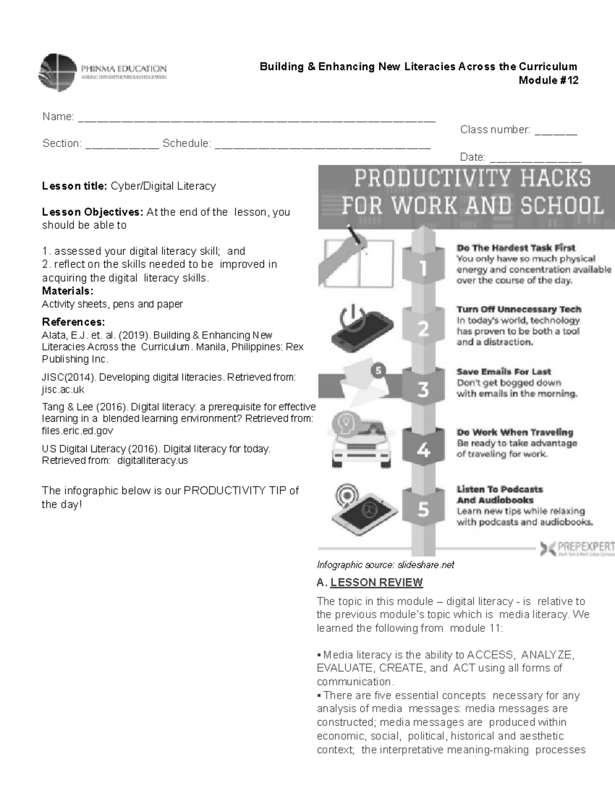 SS#12 - EDU 538: Digital Literacy Activity Sheet 12 with Answer Key ...