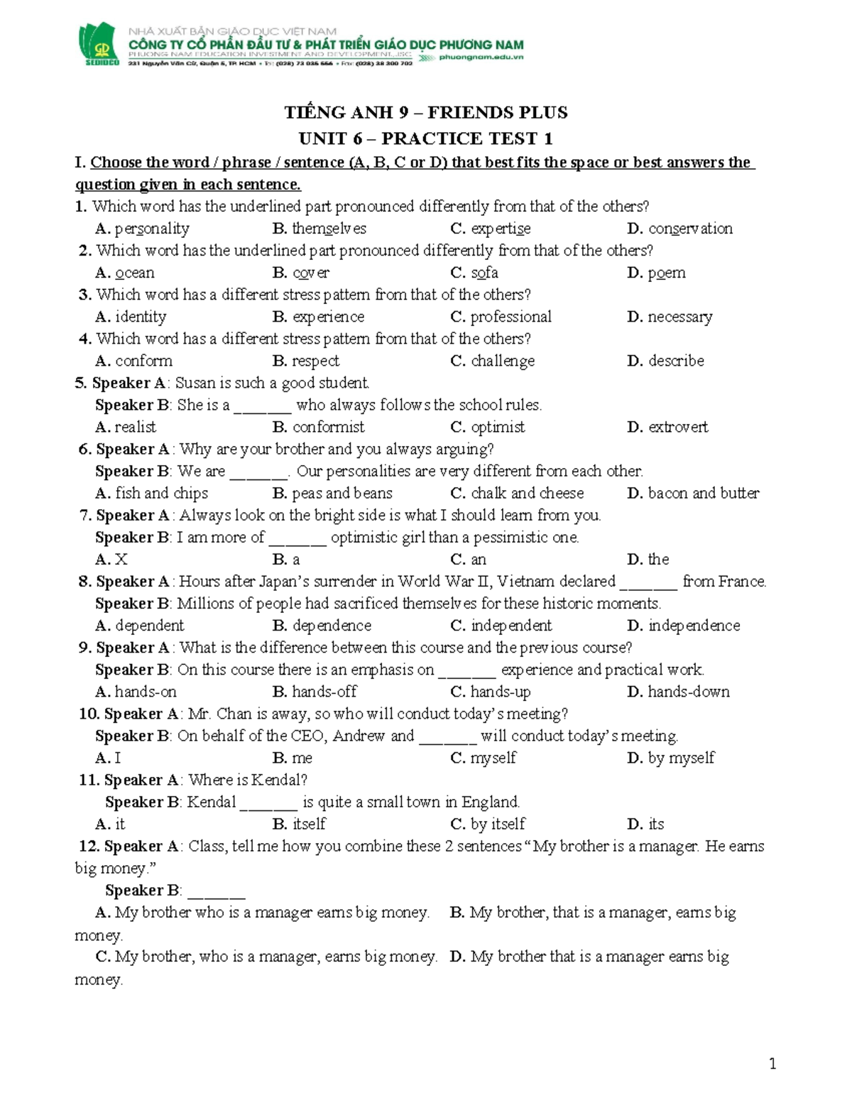 TA 9 Friends Plus Unit 6 Practice Test 1: Vocabulary & Grammar - Studocu