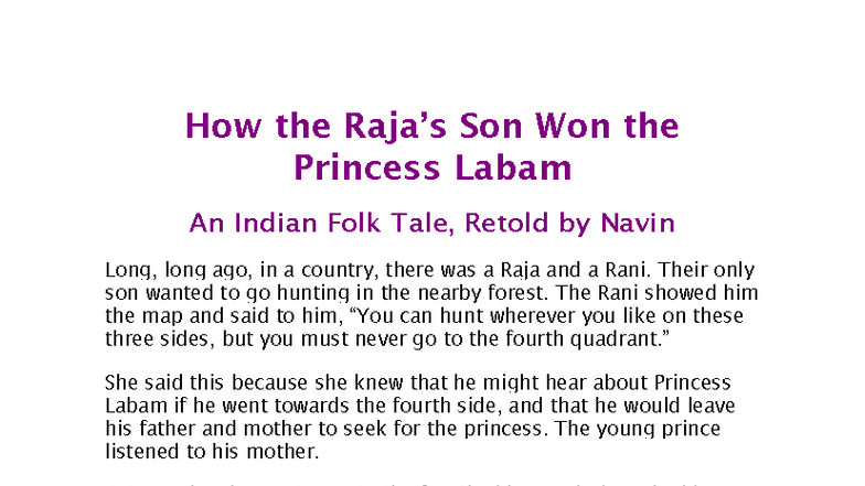 How the Son Won Princess Labam: An Indian Folk Tale Retold - Studocu