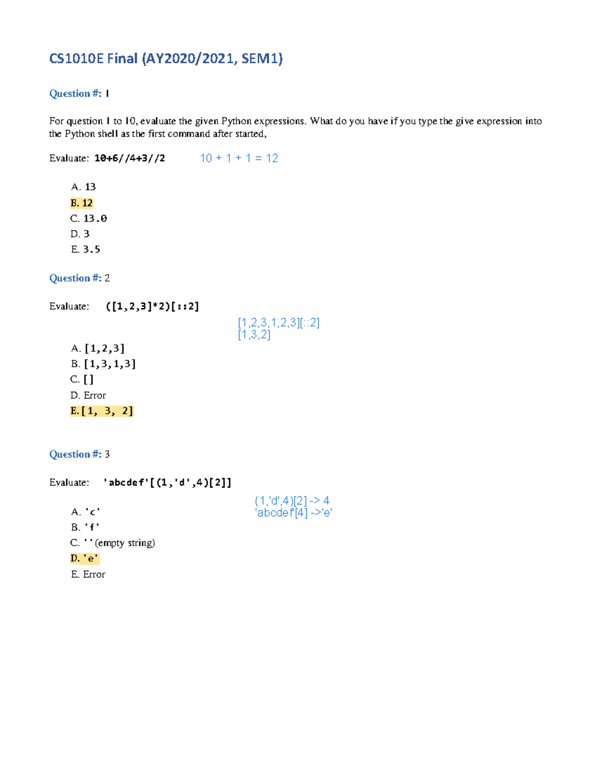 CS1010E Final Exam SEM1: Python Expressions & Output Predictions - Studocu