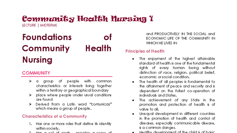 Community Health Nursing 1 LECTURE MIDTERMS: Foundations and Principles ...