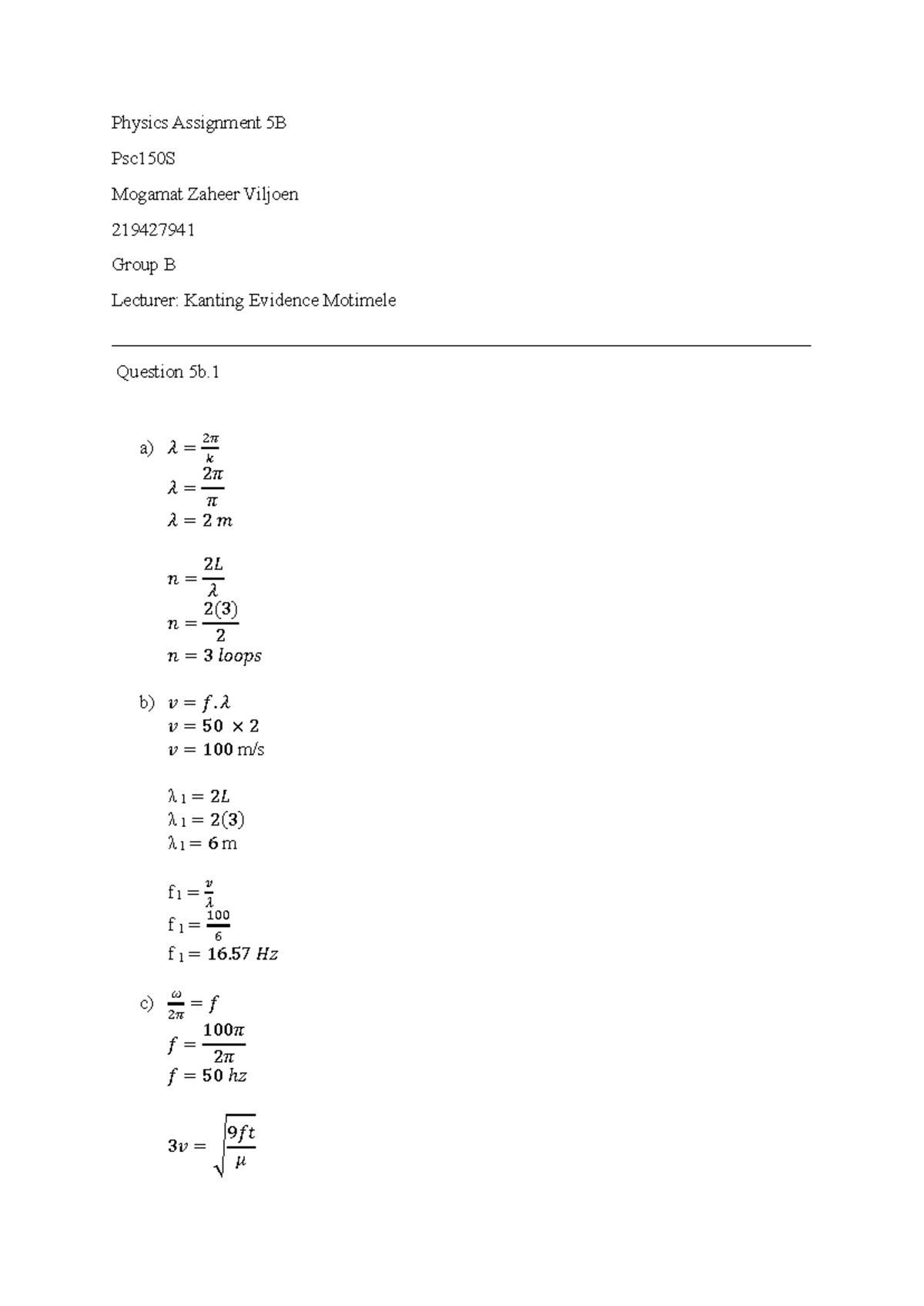 Physics Assignment 5B - Psc150S Solutions and Calculations - Studocu