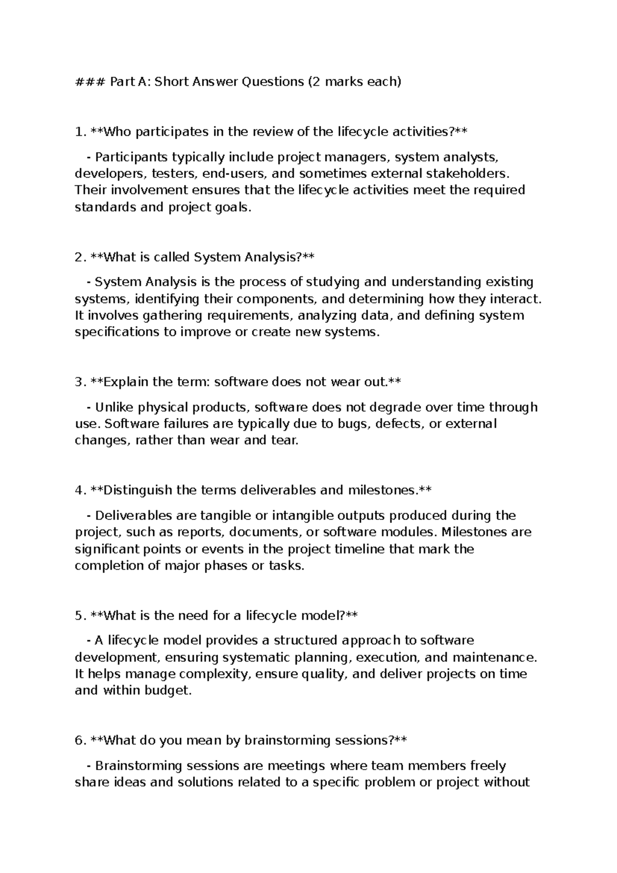 Software Lifecycle Activities: Short Answer Questions - Answer Key ...