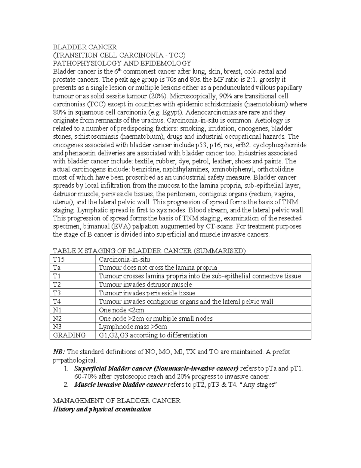 BLADDER CANCER (TCC) PATHOPHYSIOLOGY & EPIDEMIOLOGY - CLINICAL NOTES ...