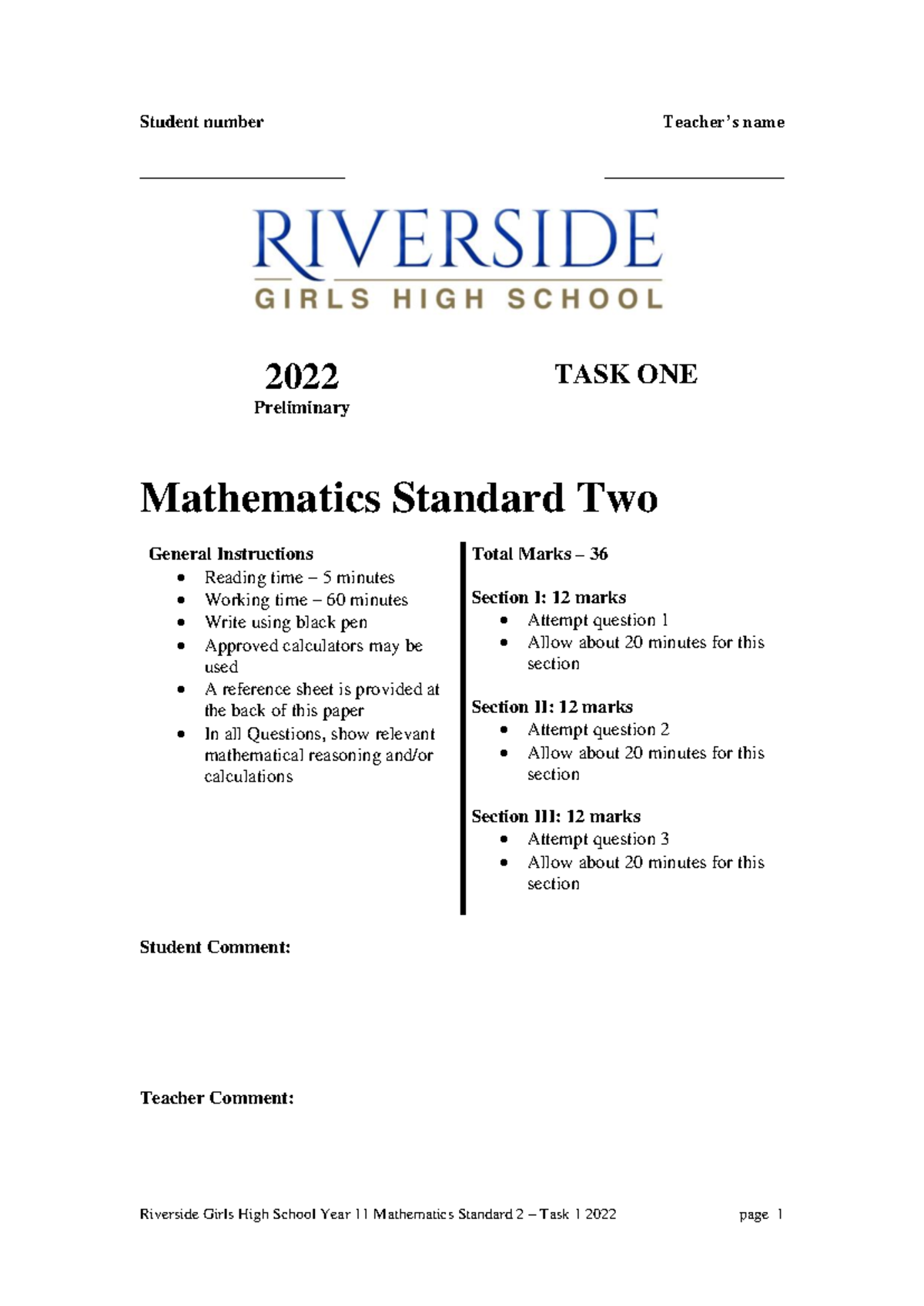 2022 Year 11 Mathematics Standard 2 Task One Exam - Studocu