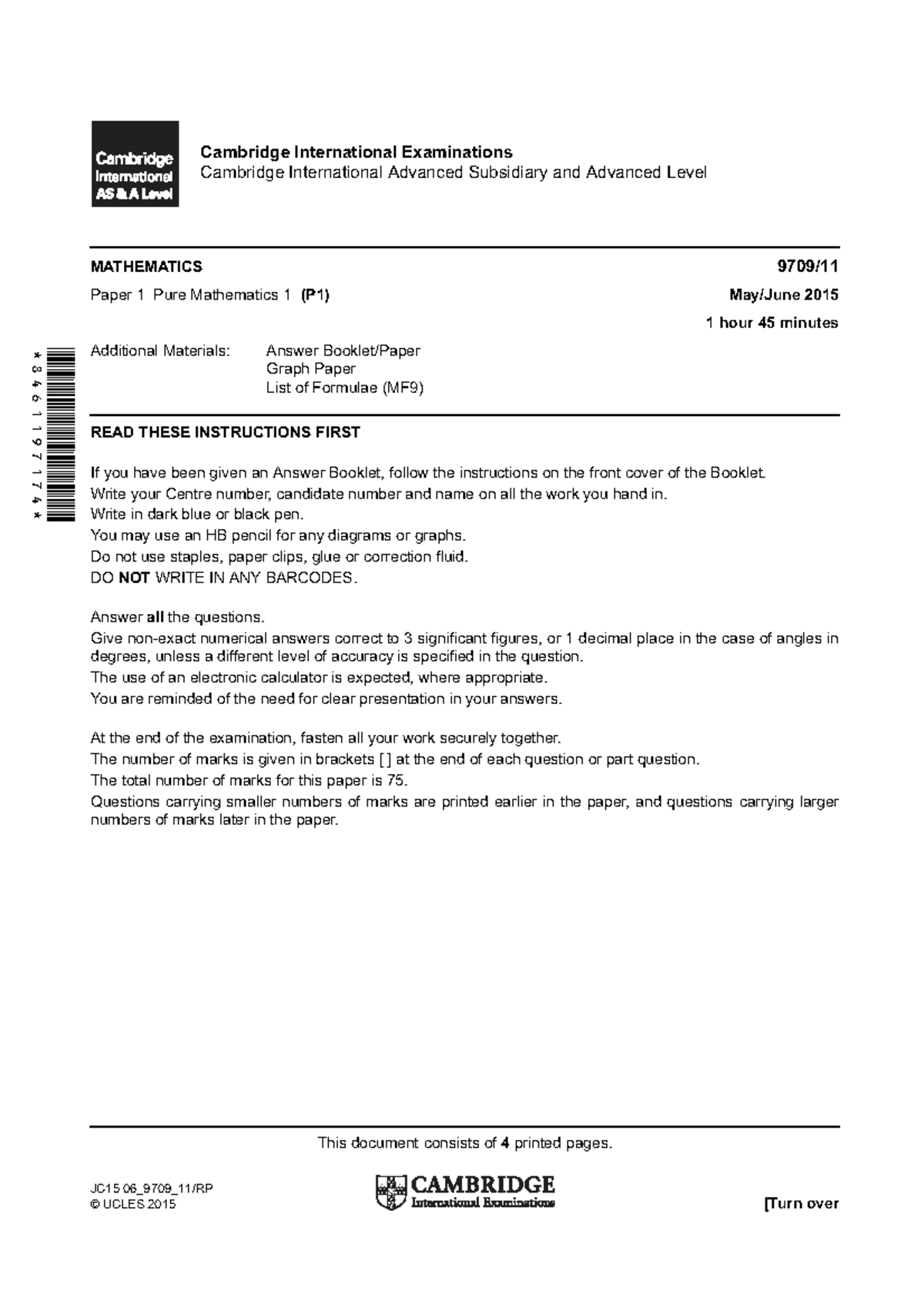 9709 S15 P1 Pure Mathematics Paper 1 Exam Questions - Studocu