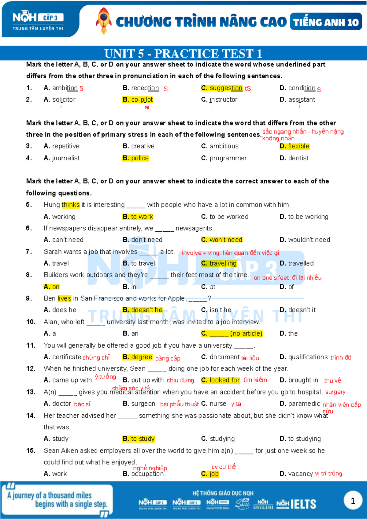 [2K10] Unit 5 Practice Test: Pronunciation & Vocabulary Skills - Studocu