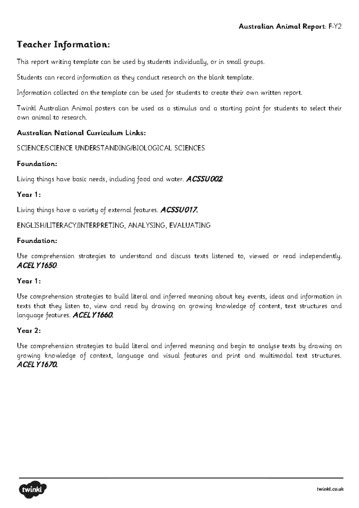 Animal Report Template: Australian Curriculum SCIENCES & Comprehension ...