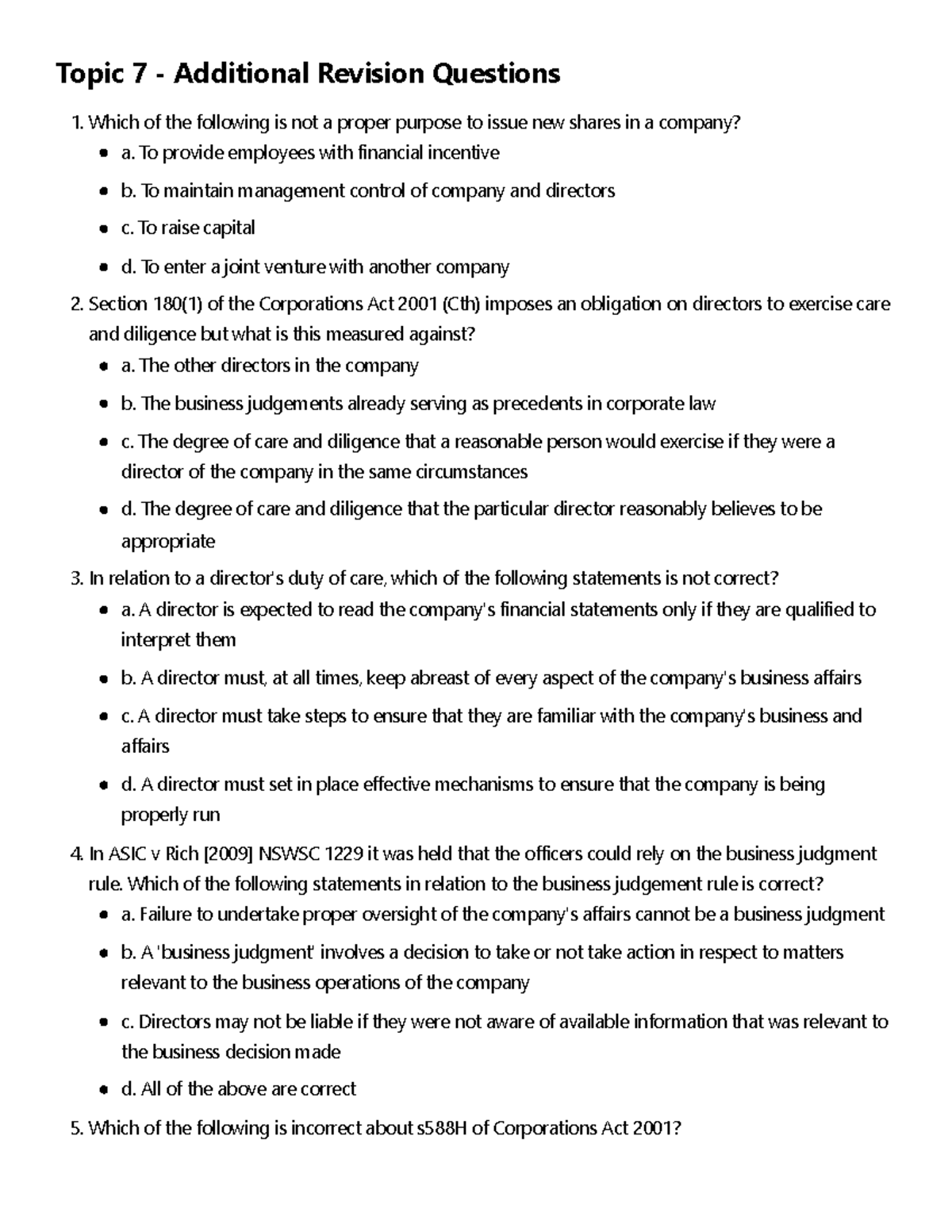 Topic 7 - Additional Revision Questions MCQ for Corporate Law - Studocu