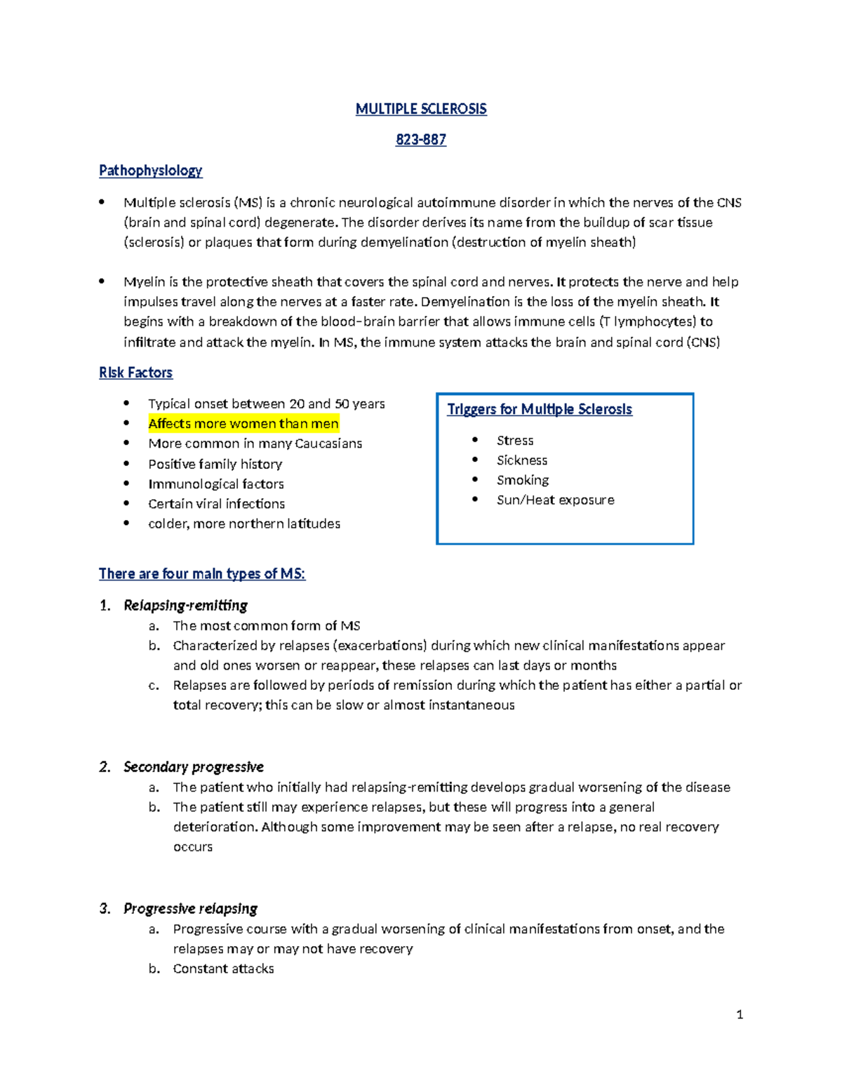 Multiple Sclerosis (MS) Pathophysiology and Management Overview - Studocu