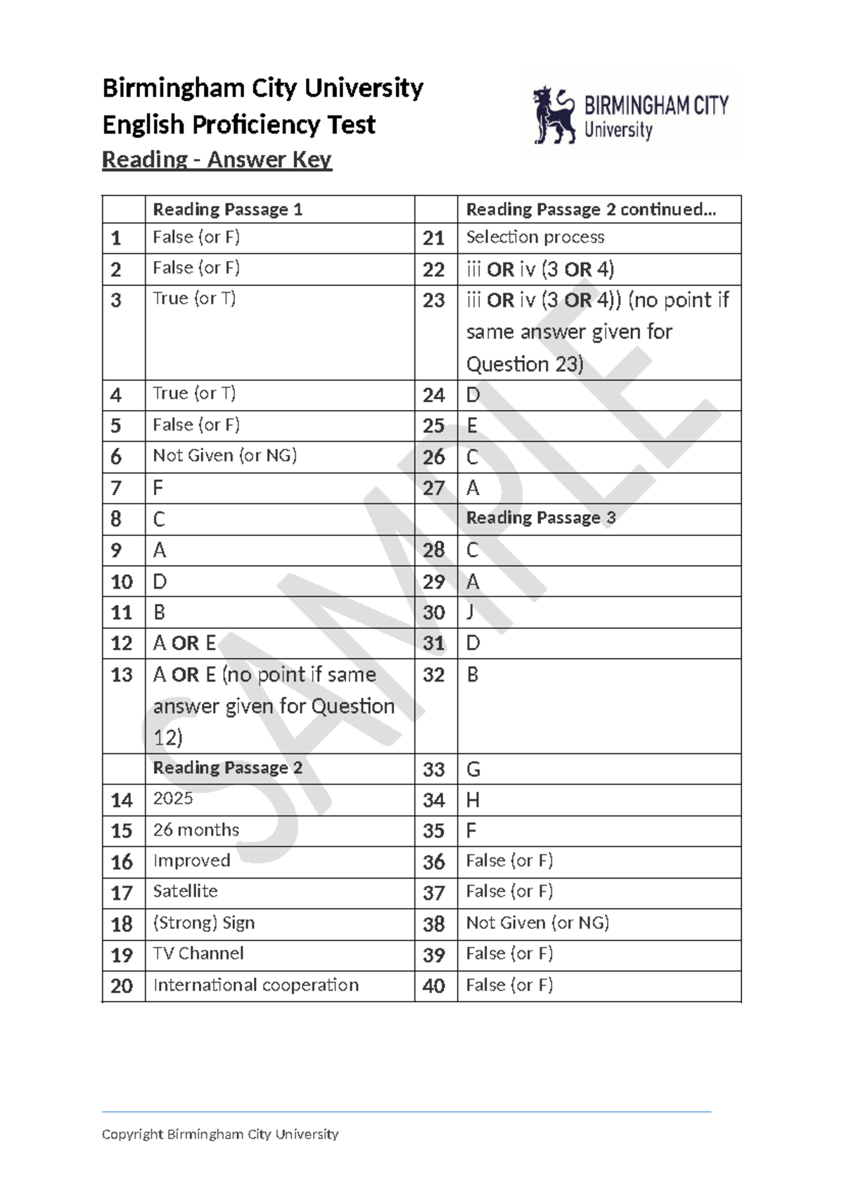 Sample test reading answer key 133292360929912557 - Birmingham City ...